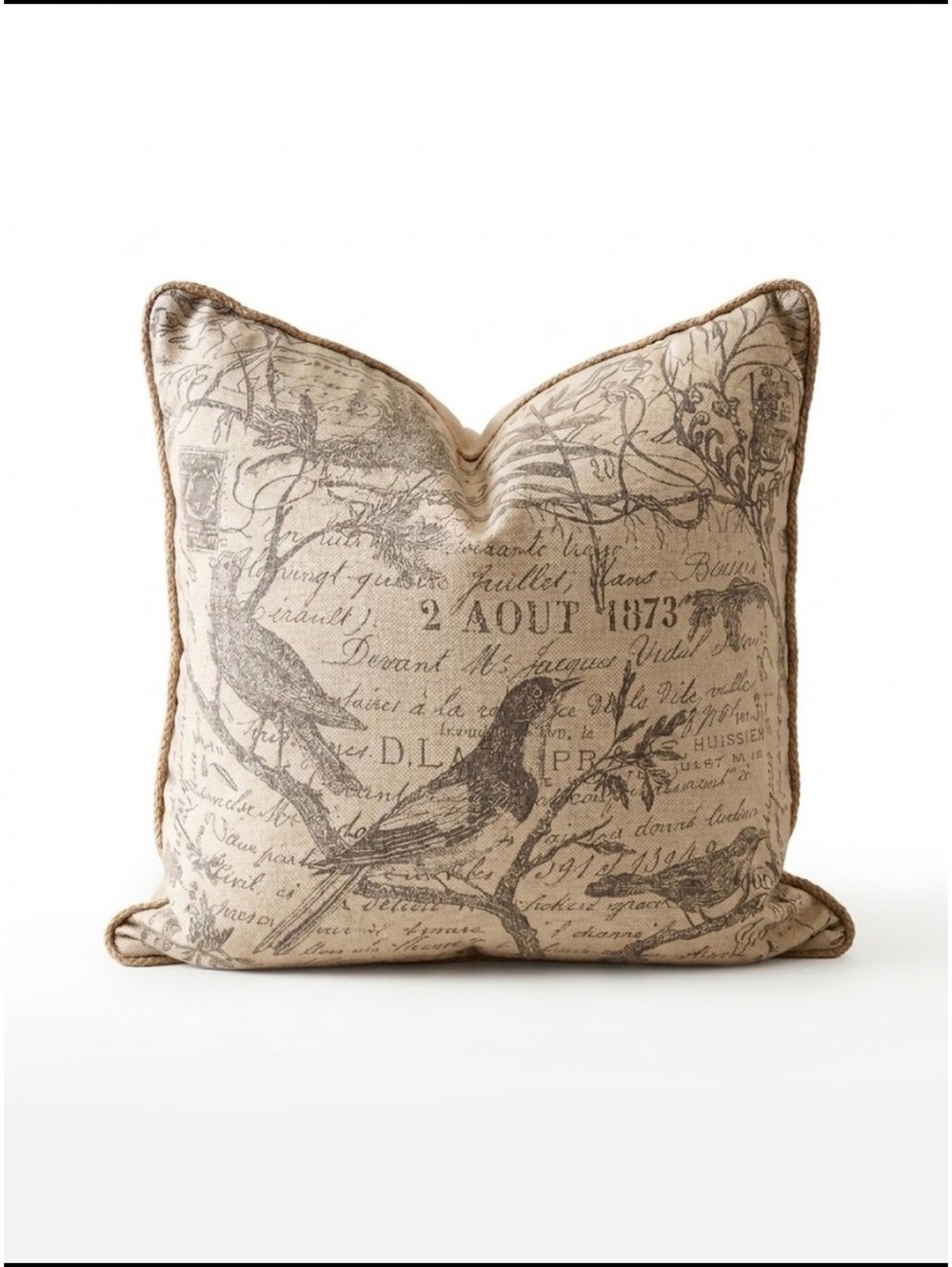 Vintage French Country Script & Bird Throw Pillow Cushion
